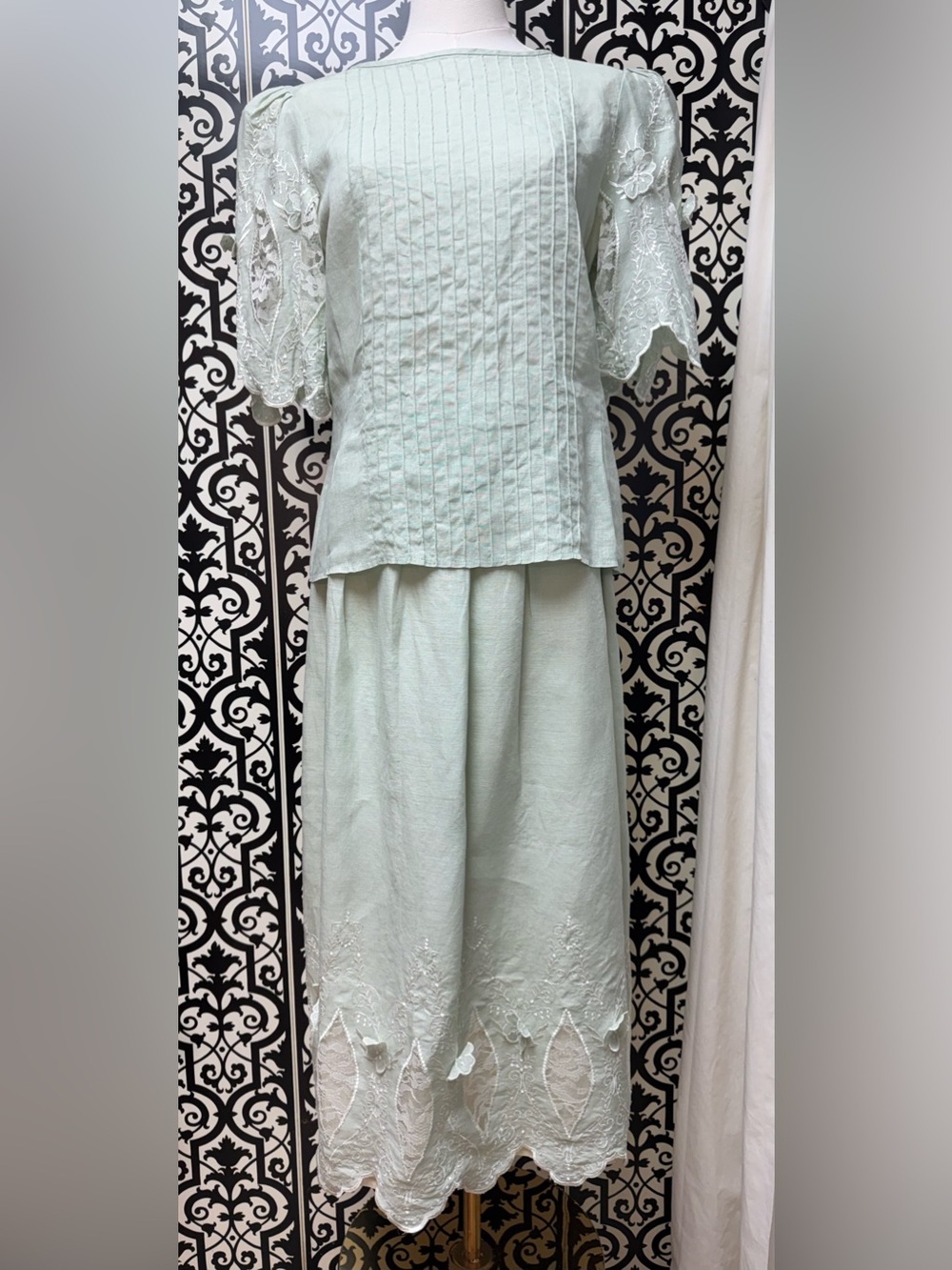 Mint Lace Sleeve Pintuck Blouse with matching skirt